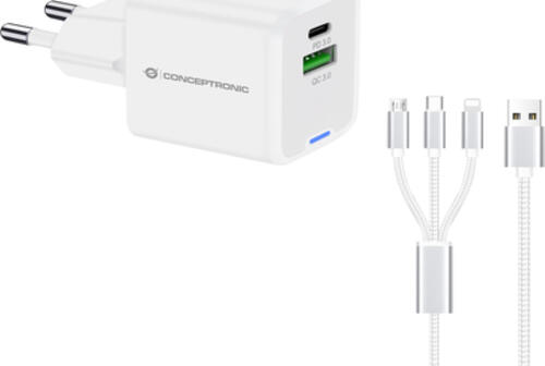 Conceptronic 2-Port 33W GaN USB-PD-Ladegerät mit 3-in-1-Ladekabel, USB-C x 1, USB-A x 1, QC 3.0, PPS