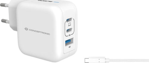 Conceptronic 3-Port 67W GaN USB-PD-Ladegerät mit USB-C-Ladekabel, USB-C x 2, USB-A x 1, QC 3.0, PPS