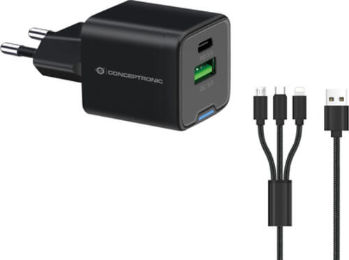 Conceptronic 2-Port 33W GaN USB-PD-Ladegerät mit 3-in-1-Ladekabel, USB-C x 1, USB-A x 1, QC 3.0, PPS