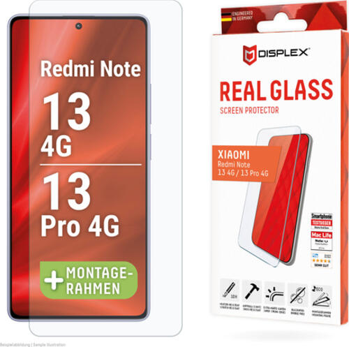 Displex Panzerglas (10H, 2D) für Xiaomi Redmi Note 13 4G/13 Pro 4G, Eco-Montagerahmen, kratzer-resistent