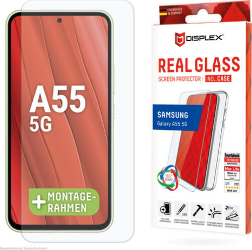 Displex Panzerglas + Schutzhülle für Samsung Galaxy A55 5G, Eco-Montagerahmen, kratzer-resistent