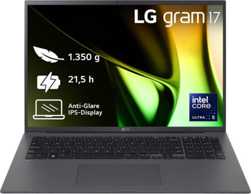 LG Gram 17Z90S-G.AR56G laptop Intel Core Ultra 5 125H 43,2 cm (17) WQXGA 8 GB LPDDR5x-SDRAM 512 GB SSD Wi-Fi 6E (802.11ax) Windows 11 Home Grau