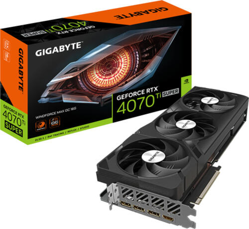 GIGABYTE GeForce RTX 4070 Ti SUPER WINDFORCE MAX OC Grafikkarte - 16 GB GDDR6X, 256 Bit, PCI-E 4.0, 2655 MHz Kerntakt, 3 x DisplayPort 1.4a, 1 x HDMI 2.1a, NVIDIA DLSS 3, GV-N407TSWF3MAX OC-16GD