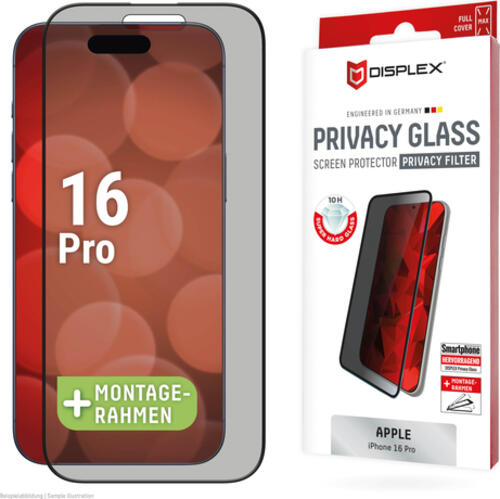 Displex Privacy Panzerglas (10H) für Apple iPhone 16 Pro, Eco-Montagerahmen, Privacy Filter