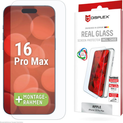 Displex Panzerglas + Schutzhülle für Apple iPhone 16 Pro Max, Eco-Montagerahmen, kratzer-resistent