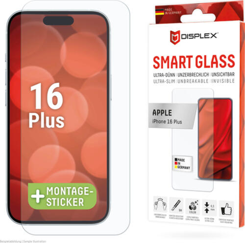 Displex Smart Glass (9H) für Apple iPhone 15 Plus/15 Pro Max/16 Plus, Montagesticker, unzerbrechlich