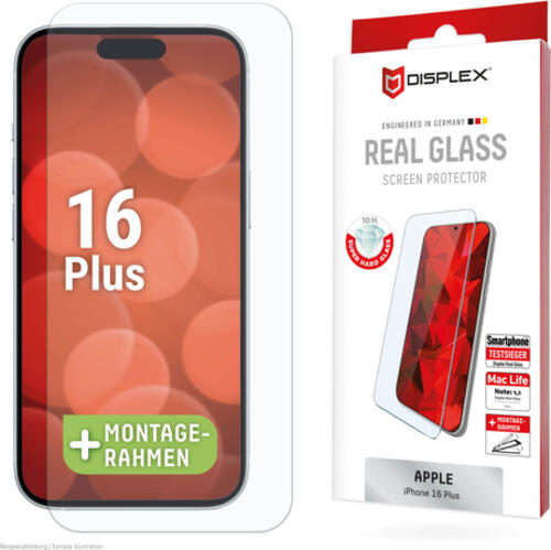 Displex Panzerglas (10H, 2D) für Apple iPhone 15 Plus/15 Pro Max/16 Plus, Eco-Montagerahmen, kratzer-resistent