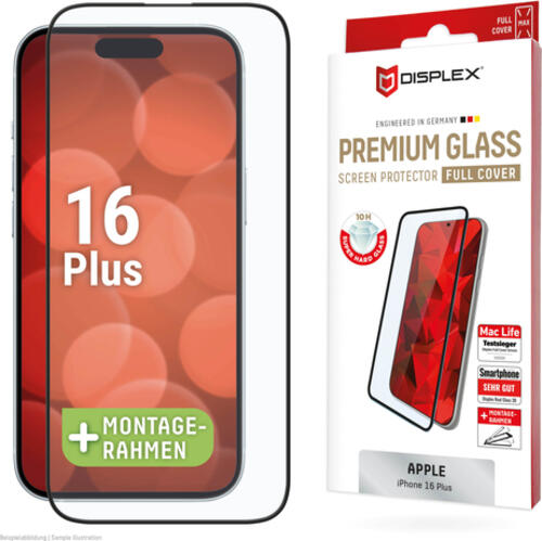 Displex Premium Panzerglas (Full Cover, 10H) für Apple iPhone 16 Plus, Eco-Montagerahmen, Full Cover