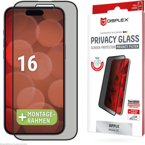 Displex Privacy Panzerglas (10H) für Apple iPhone 16, Eco-Montagerahmen, Privacy Filter