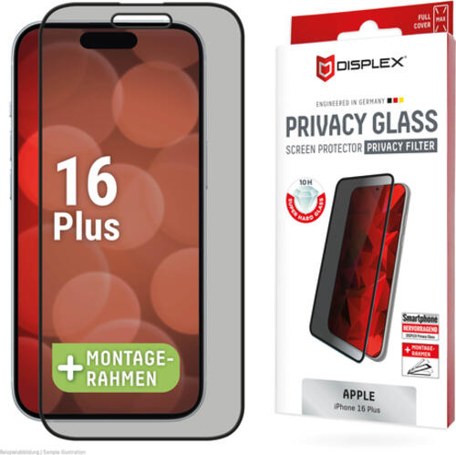 Displex Privacy Panzerglas (10H) für Apple iPhone 16 Plus, Eco-Montagerahmen, Privacy Filter