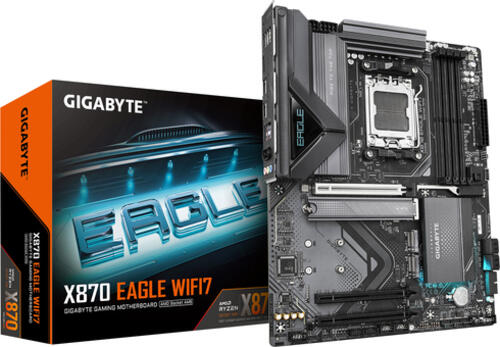 GIGABYTE X870 EAGLE WIFI7 Mainboard - Unterstützt AMD Ryzen 9000 CPUs, 14+2+2 Phasen VRM, bis zu 8000MHz DDR5 (OC), 1xPCIe 5.0 + 2xPCIe 4.0, Wi-Fi 7, 2.5GbE LAN, USB 4