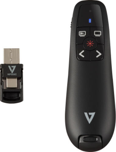 V7 WP500C Drahtloses Präsentationsgerät Dual USB-C + USB-A - 2,40 GHz RF - Schwarz - Roter Laserpointer - 5 Taste(n) - Drahtlos - Funkfrequenz - USB - Speicherbarer USB-Empfängersteckplatz