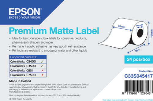 Epson Premium Matte Label Continuous Roll, 51 mm x 35 m