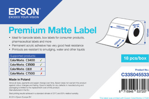 Epson Premium Matte Label - Die-cut Roll: 102mm x 152mm, 225 labels