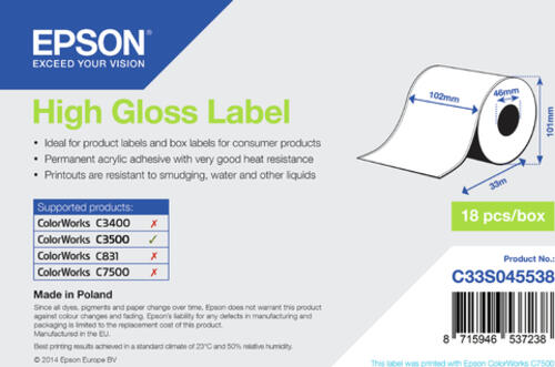 Epson High Gloss Label - Continuous Roll: 102mm x 33m