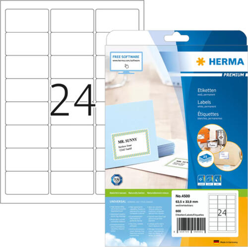 HERMA Adressetiketten Premium A4 63.5x33.9 mm weiß Papier matt 600 St.