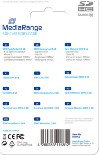 MediaRange MR962 Speicherkarte 8 GB SDHC Klasse 10