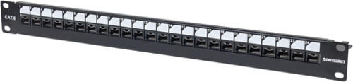 Intellinet Abschließbares 24-Port Cat6 Patchpanel, ungeschirmt, 24 Ports, 19, UTP, 1 HE, abschließbar, Klemmleisten mit 90 Grad abgewinkelten Kabeleinführungen, schwarz und silber