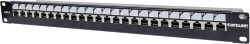 Intellinet Abschließbares 24-Port Cat6 Patchpanel, geschirmt, 24 Ports, 19, FTP, 1 HE, abschließbar, Klemmleisten mit 90 Grad abgewinkelten Kabeleinführungen, schwarz und silber