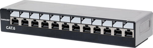 Intellinet Abschließbares 12-Port Cat6 Patchpanel, geschirmt, 12 Ports, Desktop, FTP, 1 HE, Klemmleisten mit 90 Grad abgewinkelten Kabeleinführungen, schwarz und silber