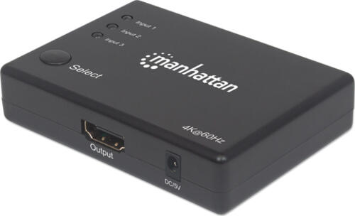 Manhattan 4K Kompakter 3-Port HDMI-Switch, 4K@60Hz, Stromversorgung über Netzteil, Fernbedienung, schwarz