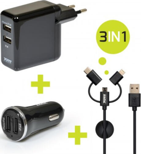 Port Designs 900044 Ladegerät für Mobilgeräte Universal Schwarz AC, Zigarettenanzünder, USB Auto, Drinnen