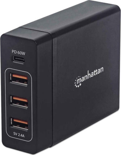 Manhattan Power Delivery-Ladestation 72 W, Ladegerät mit einem USB-C Power Delivery-Port mit bis zu 60 W, drei USB-A-Ladeports mit bis zu 12 W / 2,4 A, schwarz