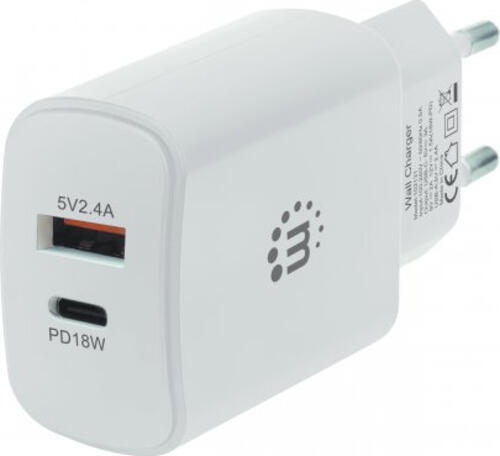 Manhattan Power Delivery USB-Ladegerät 27 W, USB-Netzteil mit USB-C Power Delivery-Port (PD 3.0) mit bis zu 18 W, USB-A-Ladeport mit bis zu 5 V / 2,4 A weiß