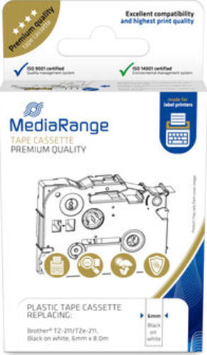 MediaRange Kunststoff-Schriftbandkassette, für/ersetzt Brother TZ-211/TZe-211, permanent haftend, 6mm, 8m, laminiert, schwarz auf weiß