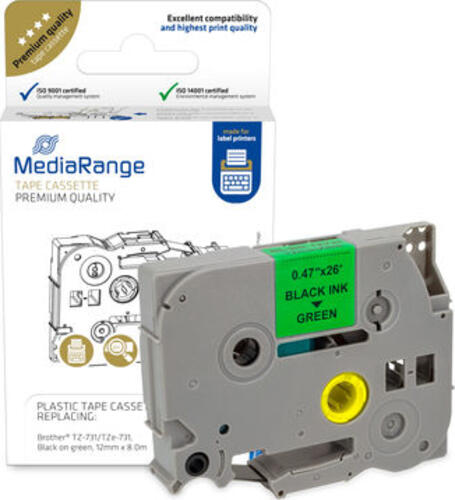 MediaRange Kunststoff-Schriftbandkassette, für/ersetzt Brother TZ-731/TZe-731,permanent haftend, 12mm, 8m, laminiert, schwarz auf grün