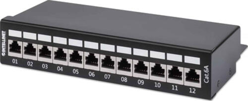 Intellinet 12-Port Cat6a Patchpanel, geschirmt, Desktop, FTP, Klemmleisten mit 90 Grad abgewinkelten Kabeleinführungen, schwarz