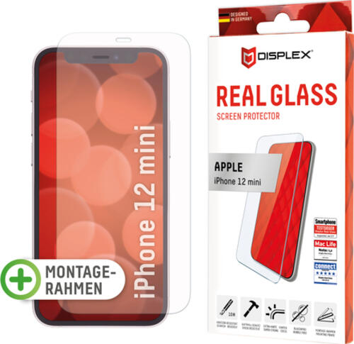 Displex Panzerglas (10H) für Apple iPhone 12 mini, Montagerahmen, Tempered Glas, kratzer-resistente Schutzfolie, hüllenfreundlich