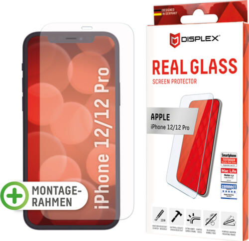 Displex Panzerglas (10H) für Apple iPhone 12/12 Pro, Eco-Montagerahmen, Tempered Glas, kratzer-resistente Schutzfolie, hüllenfreundlich