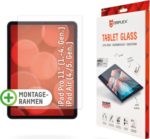 Displex Tablet Glass (9H) für iPad Pro 11 (1./2./3./4. Gen.)/Air (4./5. Gen.), Eco-Montagerahmen L-Form, unzerbrechlich, ultra-dünn, unsichtbar