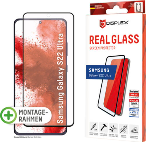 Displex Full Cover Panzerglas (10H) für Samsung Galaxy S22 Ultra, Eco-Montagerahmen, volle Displayabdeckung, Tempered Glas, kratzer-resistente Schutzfolie, hüllenfreundlich